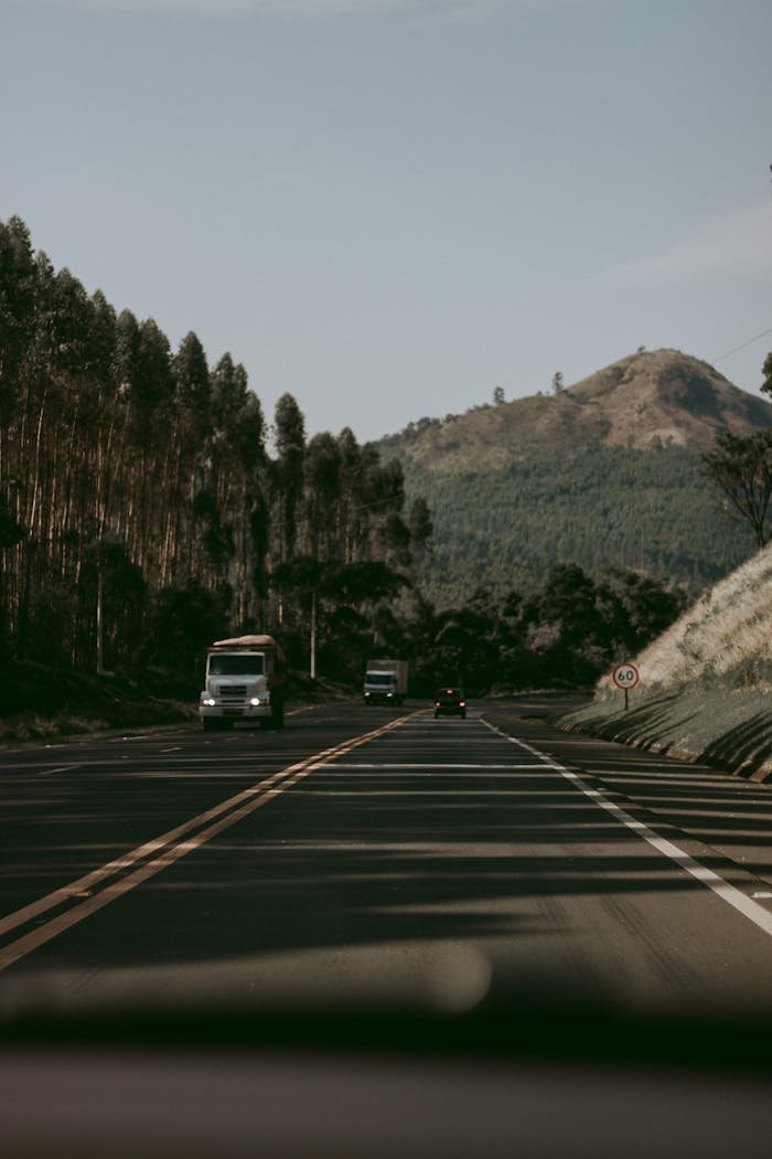 View of a road through a mountainous landscape, lined with trees and traffic.